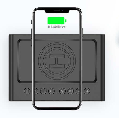 Wireless Charging Bluetooth Speaker Clock Led Alarm Clock Audio Wireless Charging Bluetooth Speaker with phone charging.