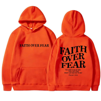 Printed Men's And Women's Hoodies in vibrant orange featuring 'Faith Over Fear' design