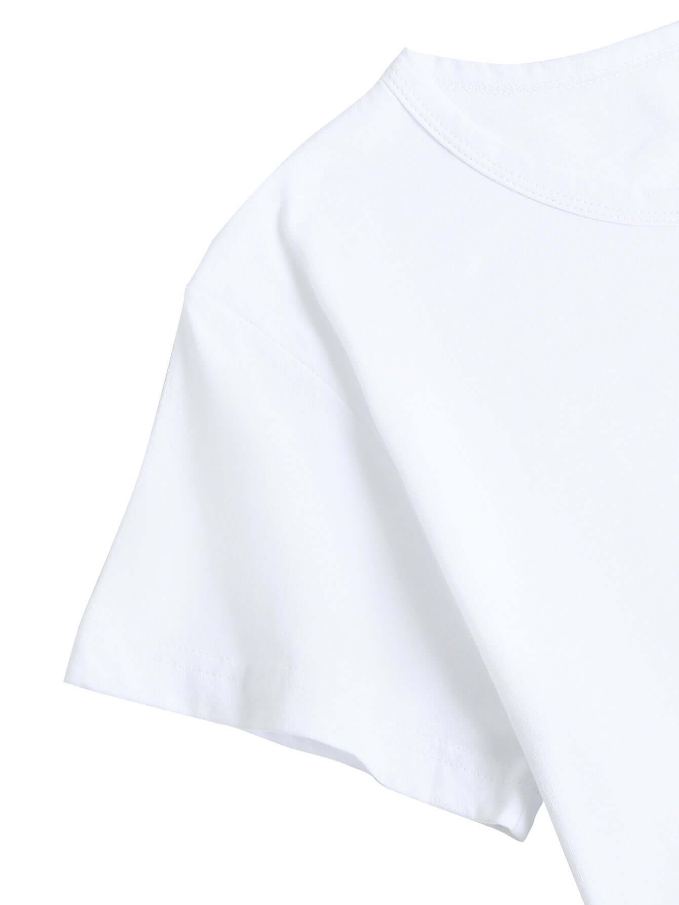 Evil Woman print T-shirt showing the sleeve detail of a white shirt.