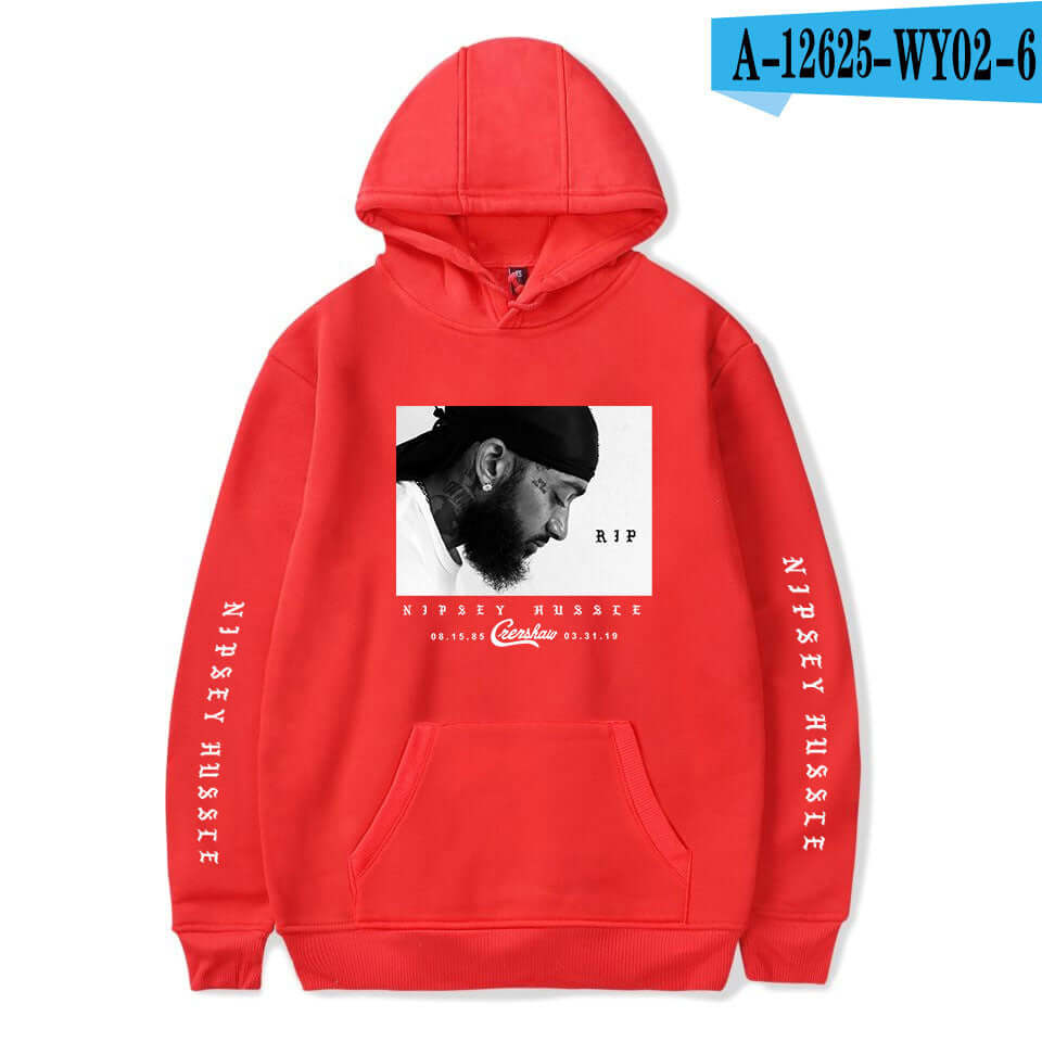 Man Hoodies & Sweatshirts A in red featuring graphic of Nipsey Hussle with RIP text.