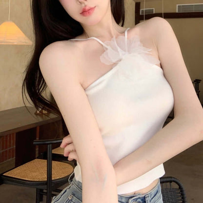 Temperament Halter Knit Camisole Woman in white, slim-fit, stylish design with a delicate tulle detail.