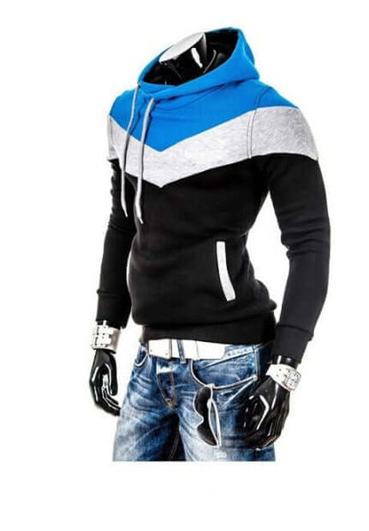 WINTER AUTUMN DESIGNER HOODIES featuring a stylish blue and black patchwork design with a hood for men.