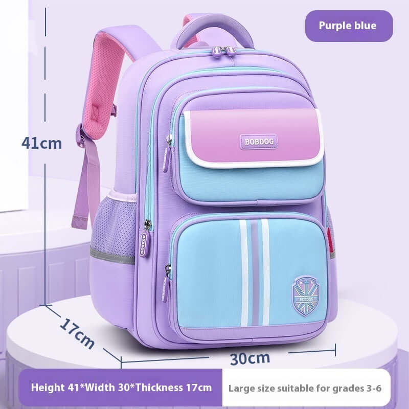 Kids' Spine Protection School Backpack – Lightweight Waterproof Bag + Free Pencil Case in purple blue color.