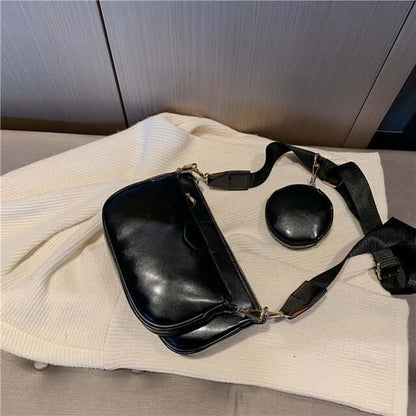 Hand Bag set Black College Luxury Bags For Women with a black small bag and coin purse on a soft background.