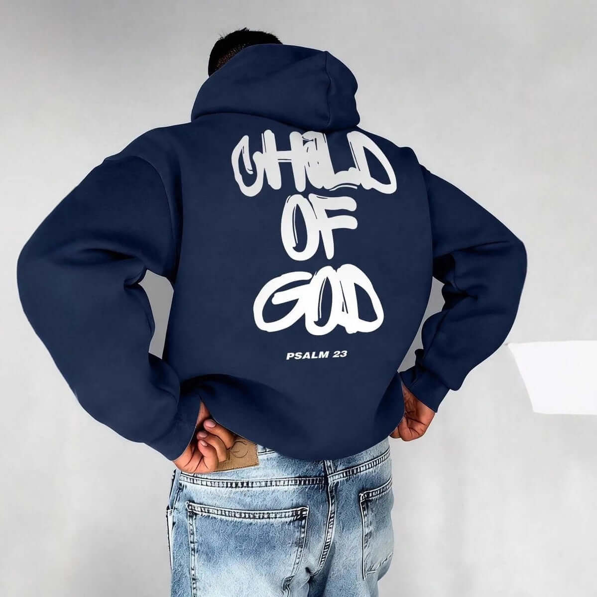 Men's Letter Print Fleece-Lined Hoodie – Casual Pullover Sweatshirt featuring bold back design with "CHILD OF GOD" and "PSALM 23".