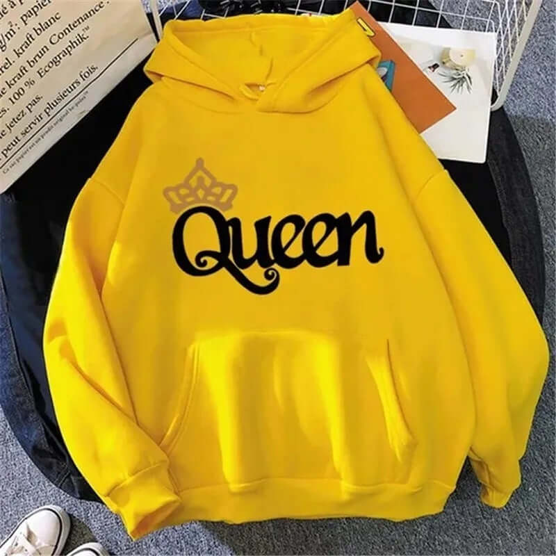 QUEEN Print Hoodies Fleece Hooded Sweatshir in bright yellow color with a crown design