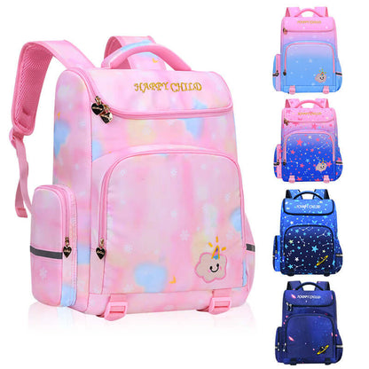 Kids' Starry Sky Backpack – Spine Protection & Waterproof School Bag featuring colorful designs and lightweight materials.