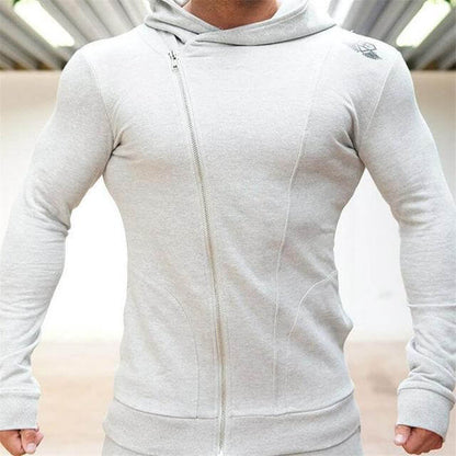 New Gyms Slim Fit Hoodies in light gray, showcasing a contemporary zip design and snug fit perfect for workouts.