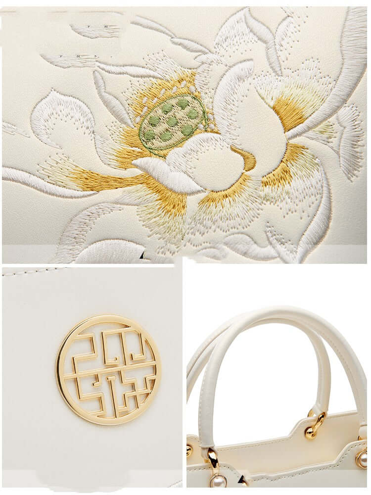 Cowhide Floral Crossbody Shoulder Bag for Cheongsam with elegant floral embroidery and gold accents