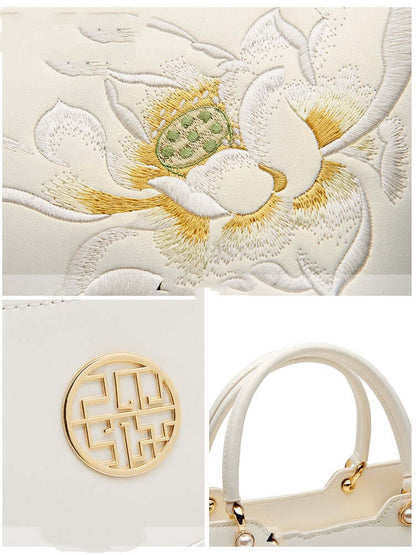 Cowhide Floral Crossbody Shoulder Bag for Cheongsam with elegant floral embroidery and gold accents