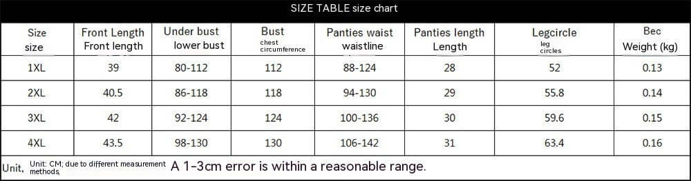Size chart for Fat Woman Sexy Lingerie Suit with measurements for 1XL, 2XL, 3XL, and 4XL sizes.