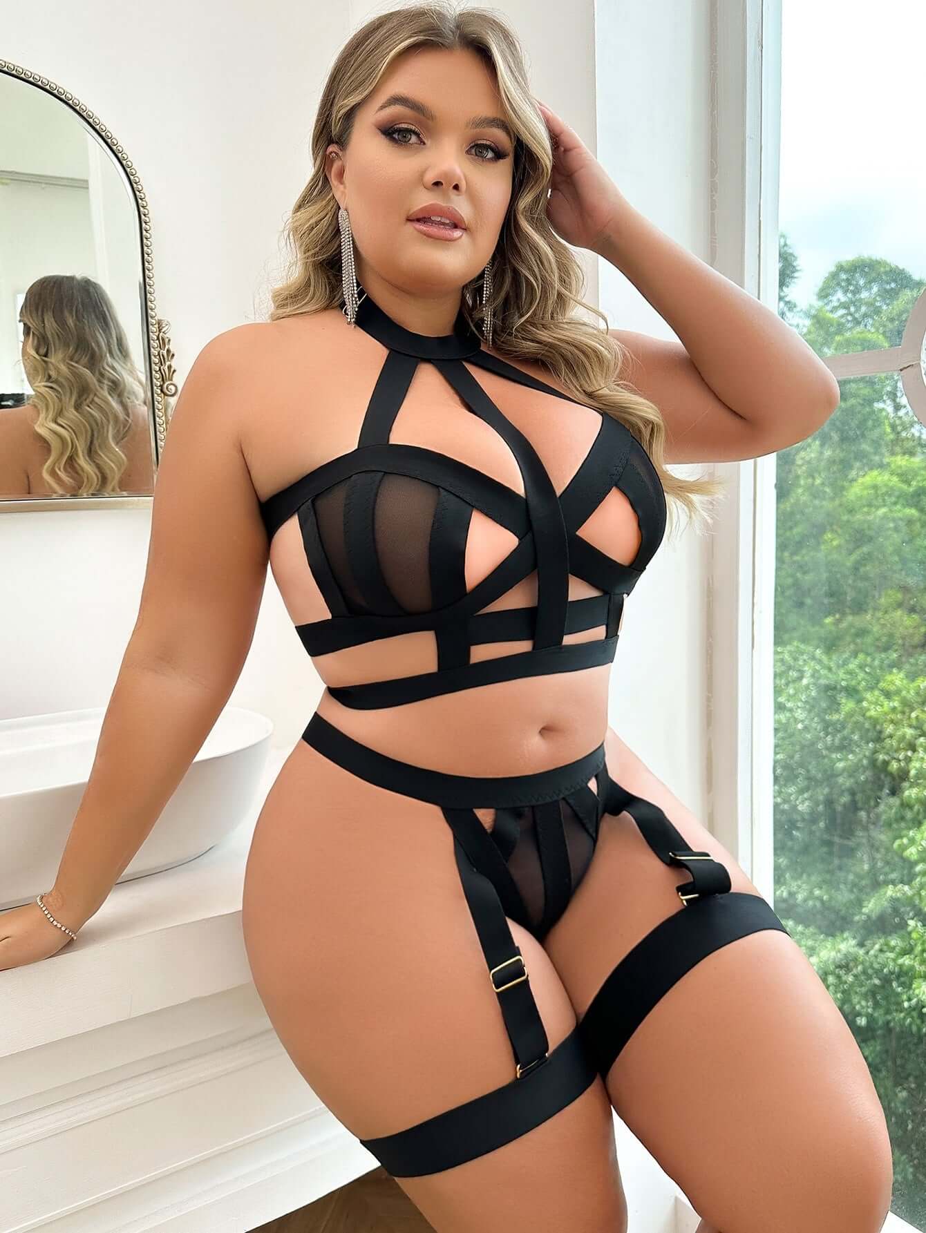 Fat Woman Sexy Lingerie Suit featuring a black lace design with strappy details and garter attachments.