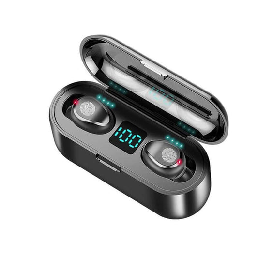 Headphones Waterproof Sports Bluetooth Wireless Headphones in charging case with digital display and ergonomic design.