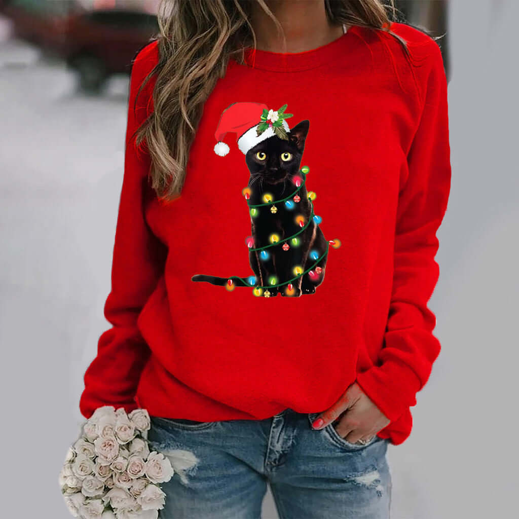 Women's Christmas Print Long Sleeve Sweater – Slim Fit Pullover