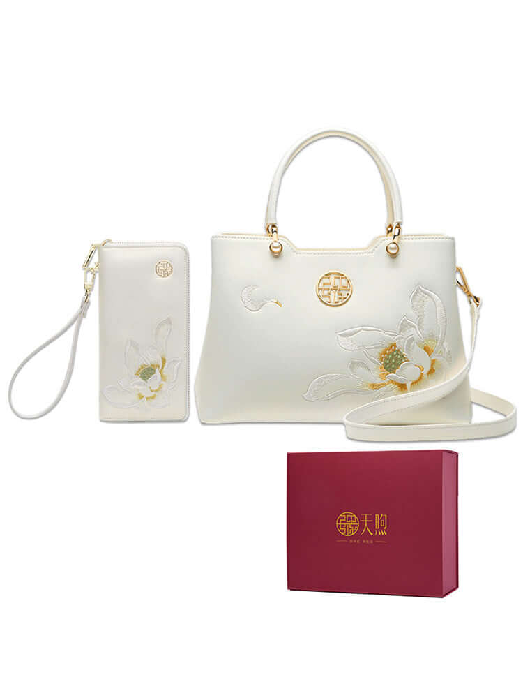 Pearl cowhide handbag set including purse and wallet in elegant packaging, perfect as a gift.