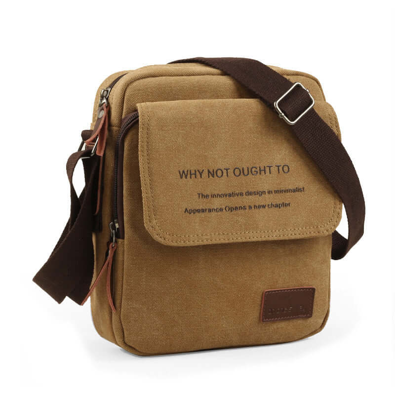 Shoulder Bags in khaki canvas material with adjustable strap and innovative minimalist design.