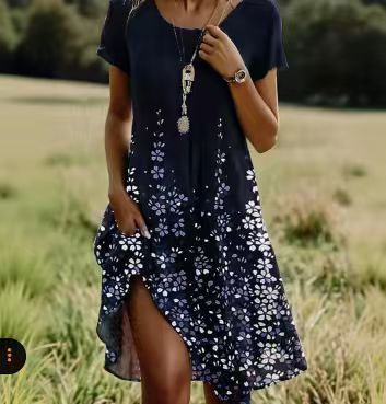 Printed Dress For Woman Elegant with floral print and mid-length design, perfect for casual outings.