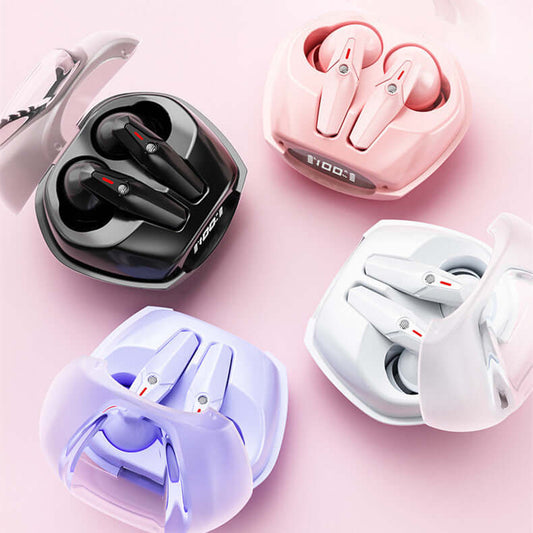 Bluetooth Headset Power Digital Display Ultra Long Endurance Sports TWS in black, white, pink, and purple charging cases.