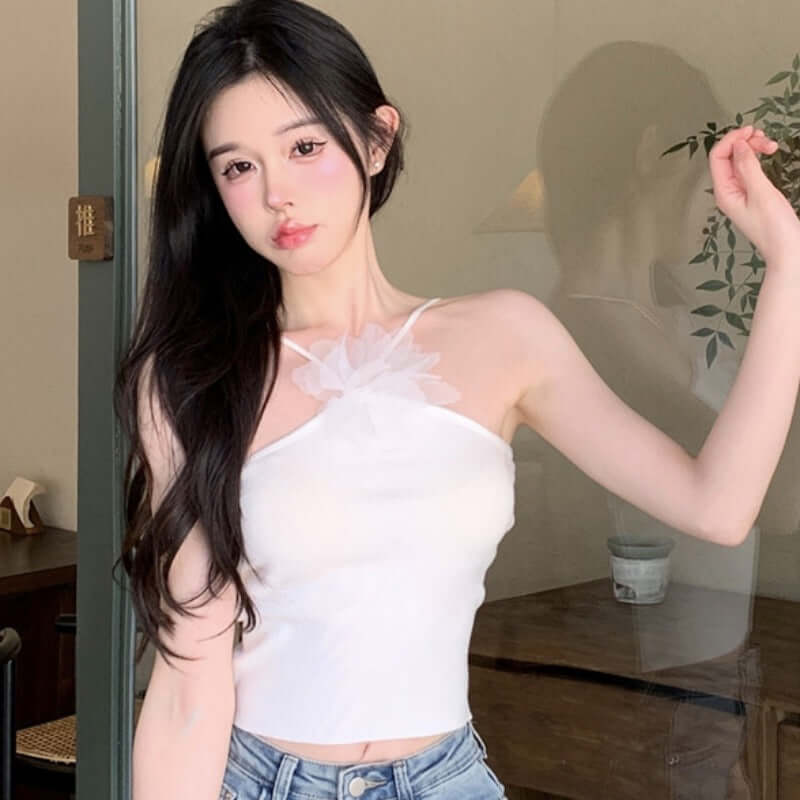 Temperament Halter Knit Camisole Woman in white, featuring a floral design and a slim-fit style.
