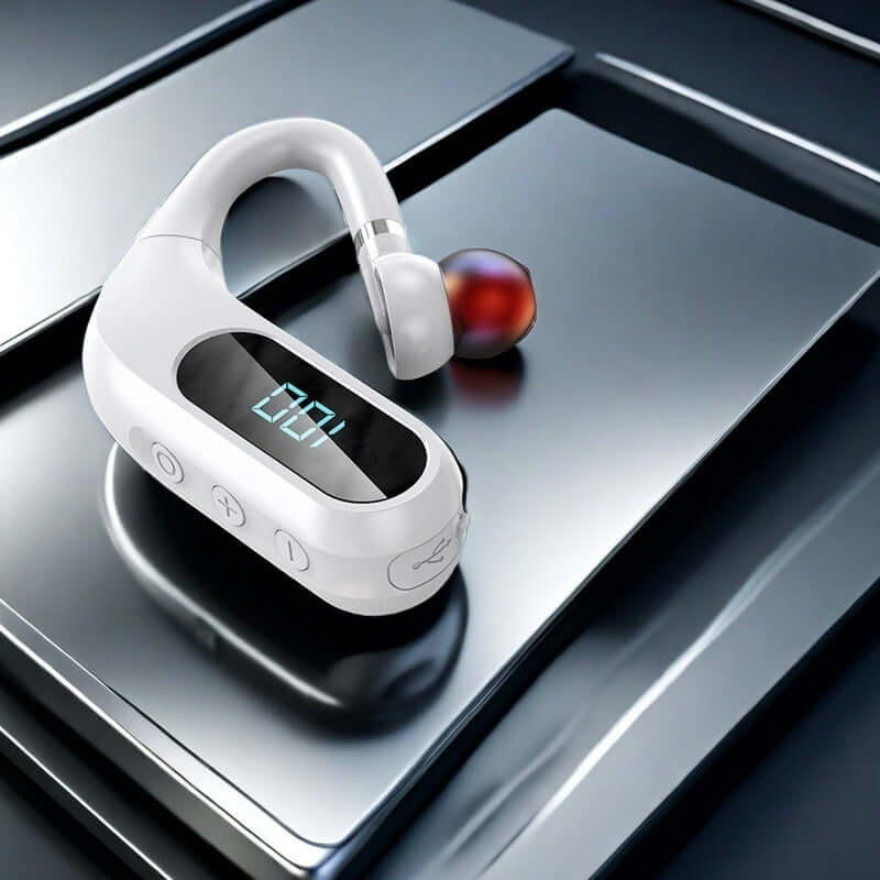 Bluetooth Earbuds With Digital Display Over-ear Design Noise Cancellation And Wireless In-ear For Sports on a reflective surface.