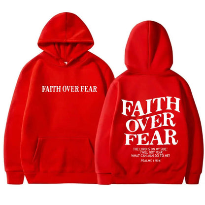 Printed Men's And Women's Hoodies in red featuring 'Faith Over Fear' print on front and back.