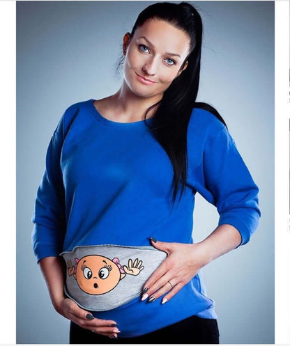 Plus size pregnant woman cartoon cute long sleeve with a playful cartoon design on the belly.