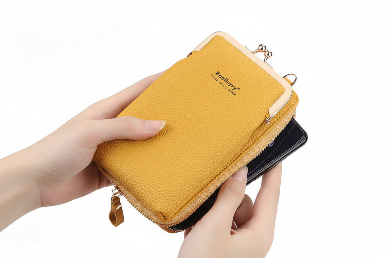 Women's Shoulder Bag with Lock – Mini Square Crossbody Bag Korean Style PU Leather held in hands, showcasing yellow textured design.