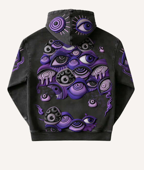 Women's Quirky Personality Pullover Hoodie – Casual Fleece Sweatshirt with unique eye design in purple and black.
