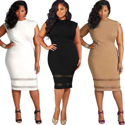 Fat woman XL dress in white, black, and tan colors showcasing stylish design and flattering fit.