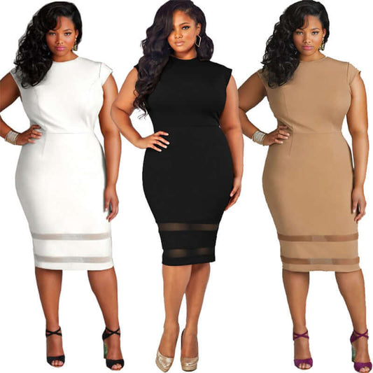 Fat woman XL dress in white, black, and tan colors showcasing stylish design and flattering fit.