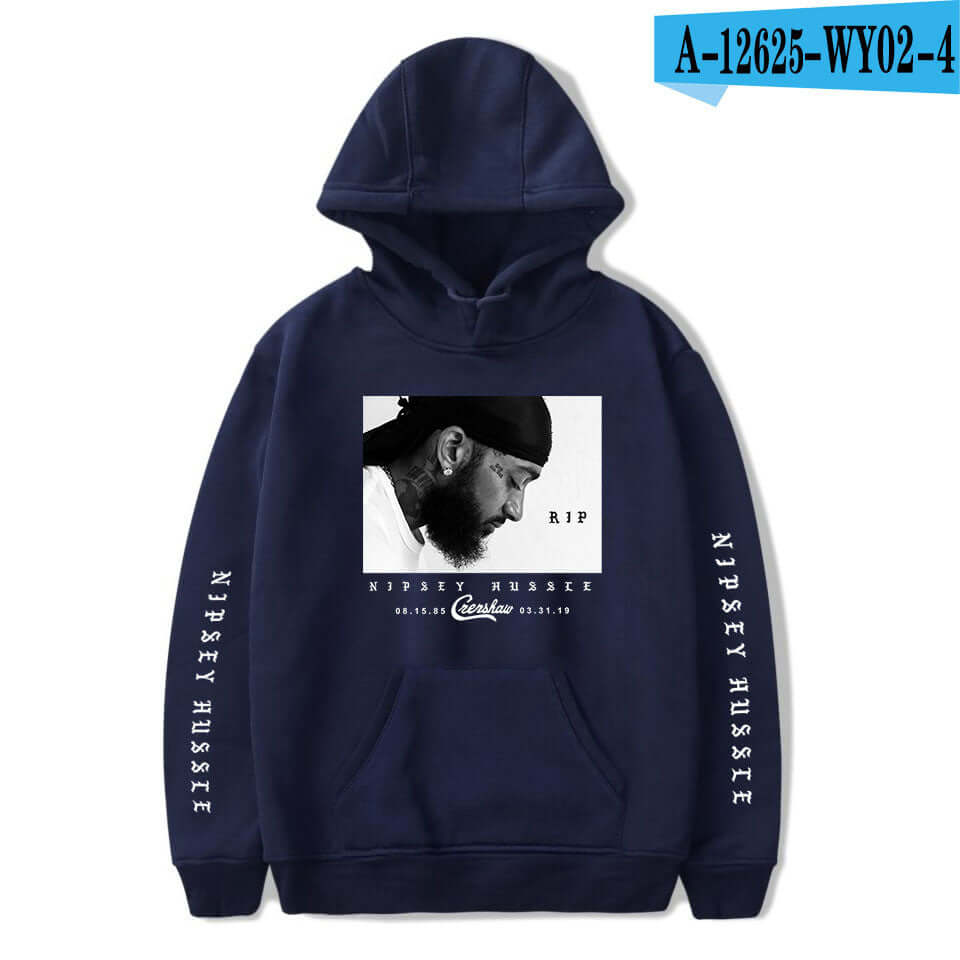 Man Hoodies & Sweatshirts A featuring navy blue fabric and Nipsey Hussle graphic design.