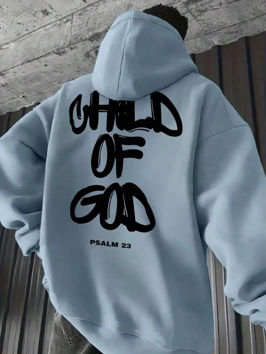 Men's Letter Print Fleece-Lined Hoodie – Casual Pullover Sweatshirt in light blue with 'CHILD OF GOD' design on back.