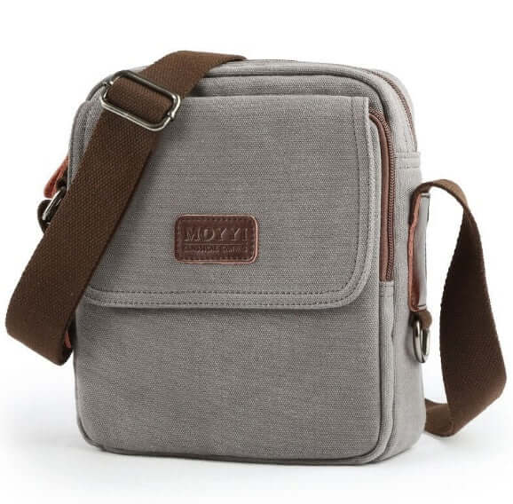 Shoulder Bags in gray canvas with brown strap, stylish and practical for everyday use.