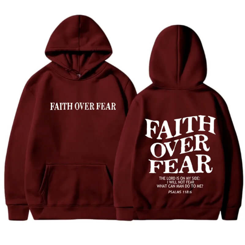 Printed Men's And Women's Hoodies featuring faith over fear design in maroon color.