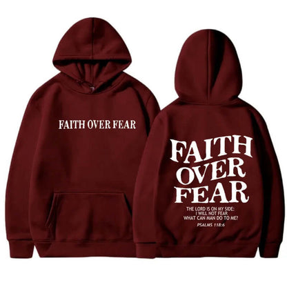 Printed Men's And Women's Hoodies featuring faith over fear design in maroon color.