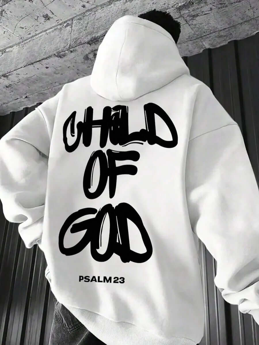 Men's Letter Print Fleece-Lined Hoodie – Casual Pullover Sweatshirt featuring bold 'CHILD OF GOD' design.