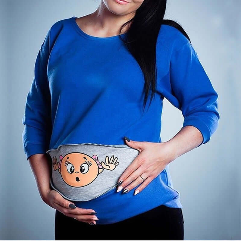 Plus size pregnant woman cartoon cute long sleeve with cute graphic design on the belly.