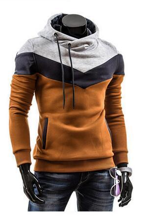 WINTER AUTUMN DESIGNER HOODIES in patchwork style featuring gray and brown colors on a mannequin.