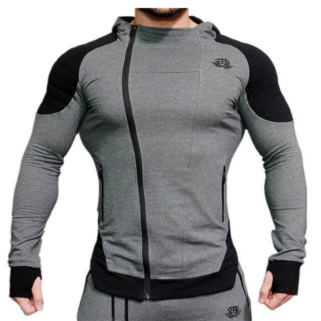 New Gyms Slim Fit Hoodies displayed on a model showcasing a stylish grey design with black accents.