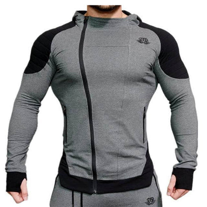 New Gyms Slim Fit Hoodies displayed on a model showcasing a stylish grey design with black accents.
