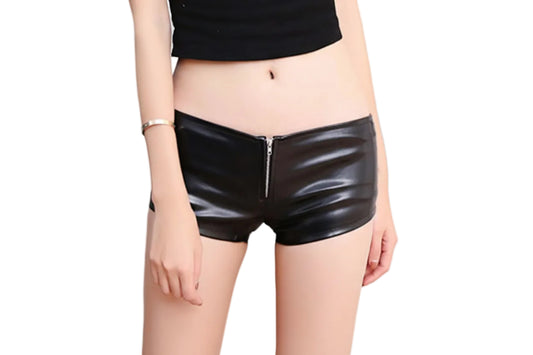 Woman shorts featuring low waist patent leather design and zipper detail, perfect for a stylish look.