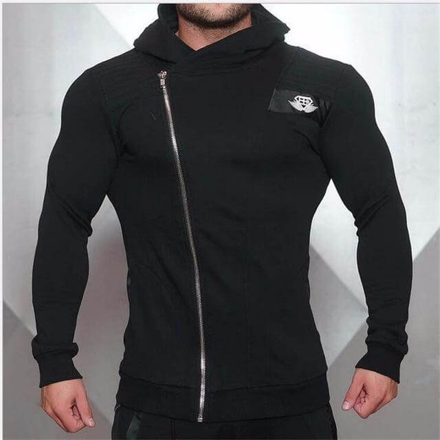New Gyms Slim Fit Hoodies in black, showcasing a stylish zip-up design and a fitted silhouette.