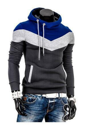 WINTER AUTUMN DESIGNER HOODIES featuring a patchwork design in blue, grey, and black on a mannequin.