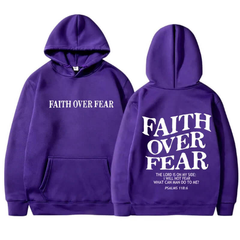 Printed Men's And Women's Hoodies in purple featuring 'Faith Over Fear' text design.