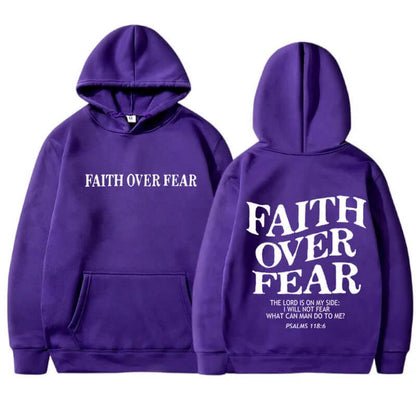 Printed Men's And Women's Hoodies in purple featuring 'Faith Over Fear' text design.