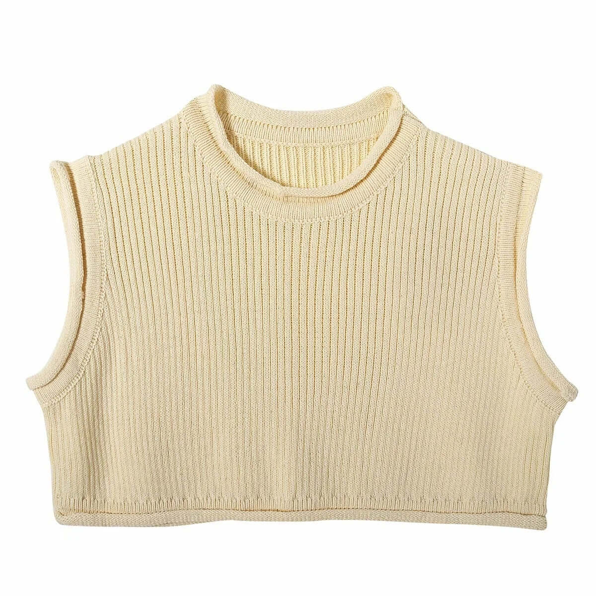 Knitwear top vest woman in solid cream color, sleeveless, made of 100% polyester fabric, casual leisure style.