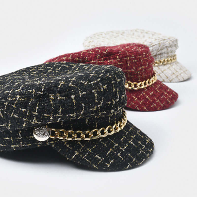 Vintage Little Incense Style Tweed Navy Hat Octagonal Hat Woman, featuring black, red, and white options with chain detail.