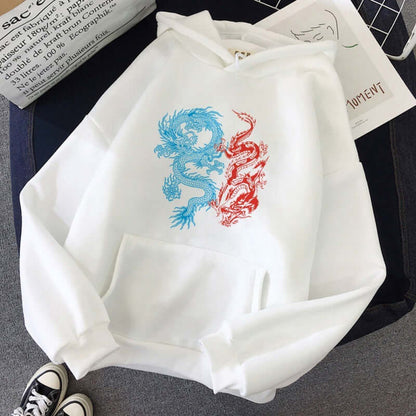 Men’s Harajuku Dragon Print Hoodie With Fleece Lining