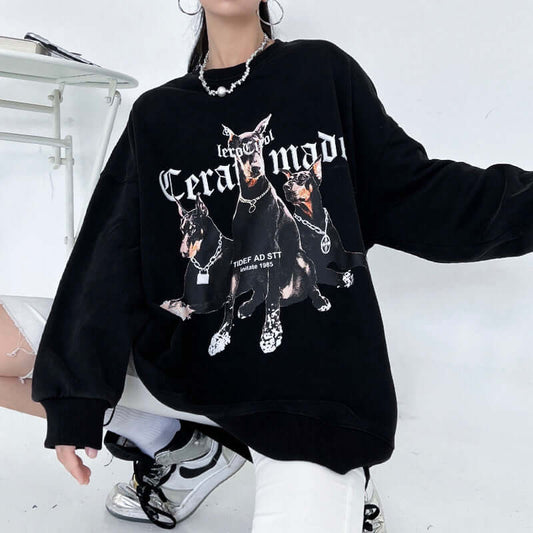 Retro Washed Old Round Neck Sweater Woman featuring a graphic design with dogs on a black pullover, long sleeves