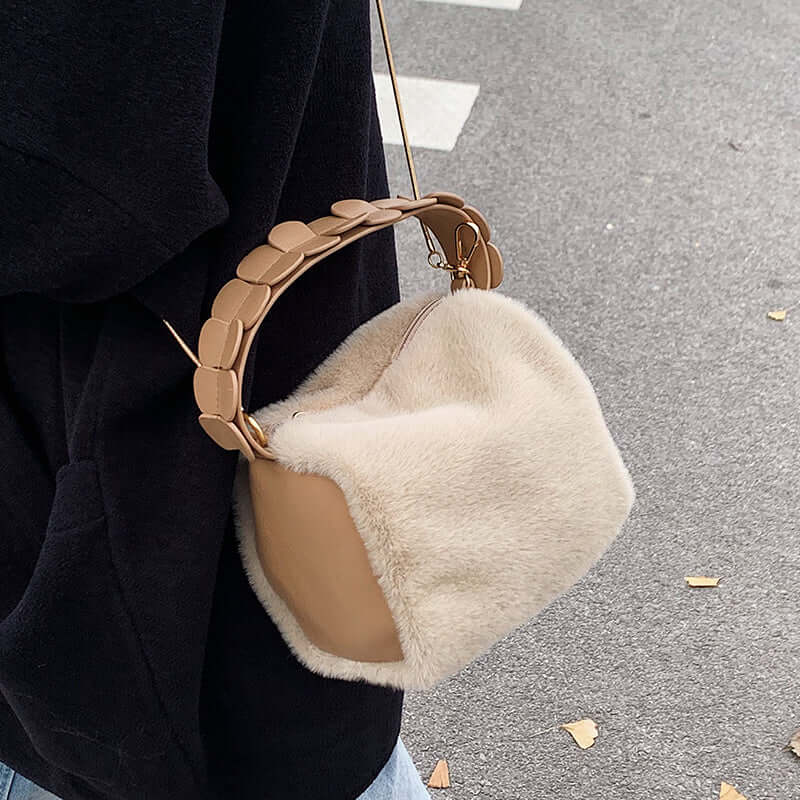 Autumn And Winter Small Furry Crossbody Hand Bag Female Bags in beige color with stylish shoulder strap.